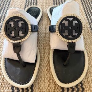 Tory Burch Black and Cream Leather Miller Fringe Sandals Sz. 7.5 EUC